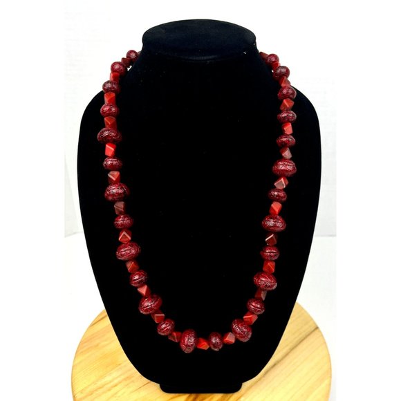 Vintage Red Leather Wrap Beads and Geometric Red Beads Necklace Side Closure 28” - Picture 1 of 9
